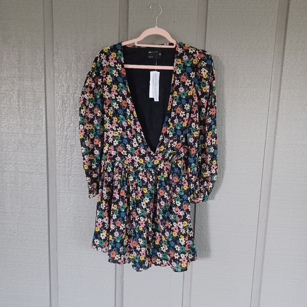 ASOS Wrap Mini Tea Dress Size 0 Boho Cotton Long Sleeve In Black Floral Spot